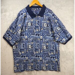 VTG 90s Big Dogs Shirt Blue Floral Hawaiian All Over Print Polo Men 3XL USA Made